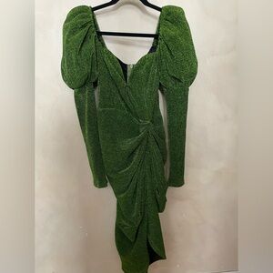 PRETTY LITTLE THING Green Glitter Plisse Puff Sleeve V Bar Draped Midi Dress